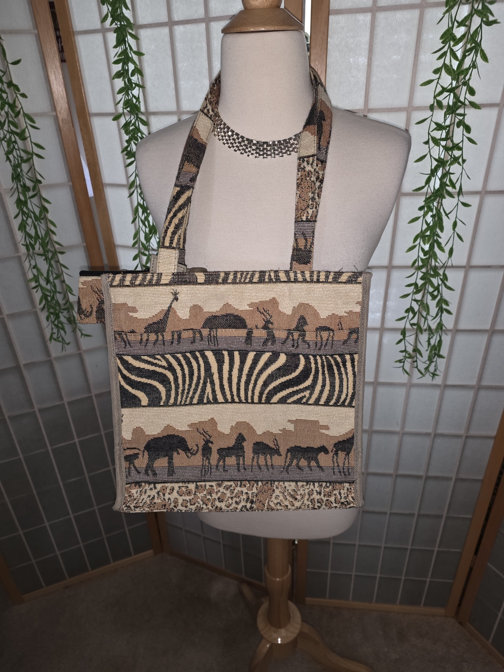 Safari Animal Print Tapestry Satchel Tote in Brown & Tan